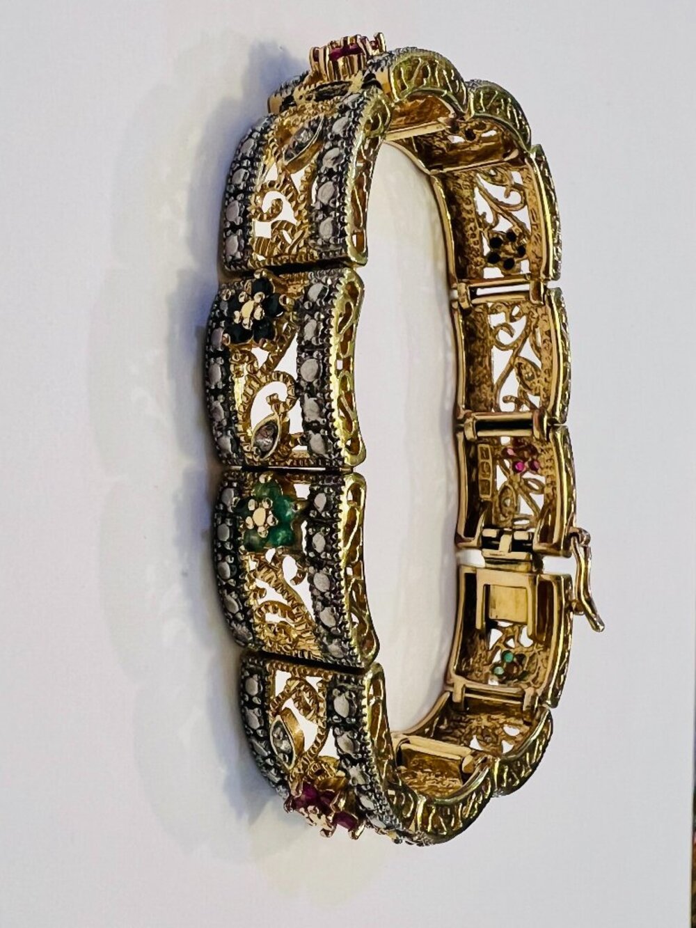 14k over 925 Silver, Ruby, Sapphire, Emerald & Diamond Flower Bracelet!
